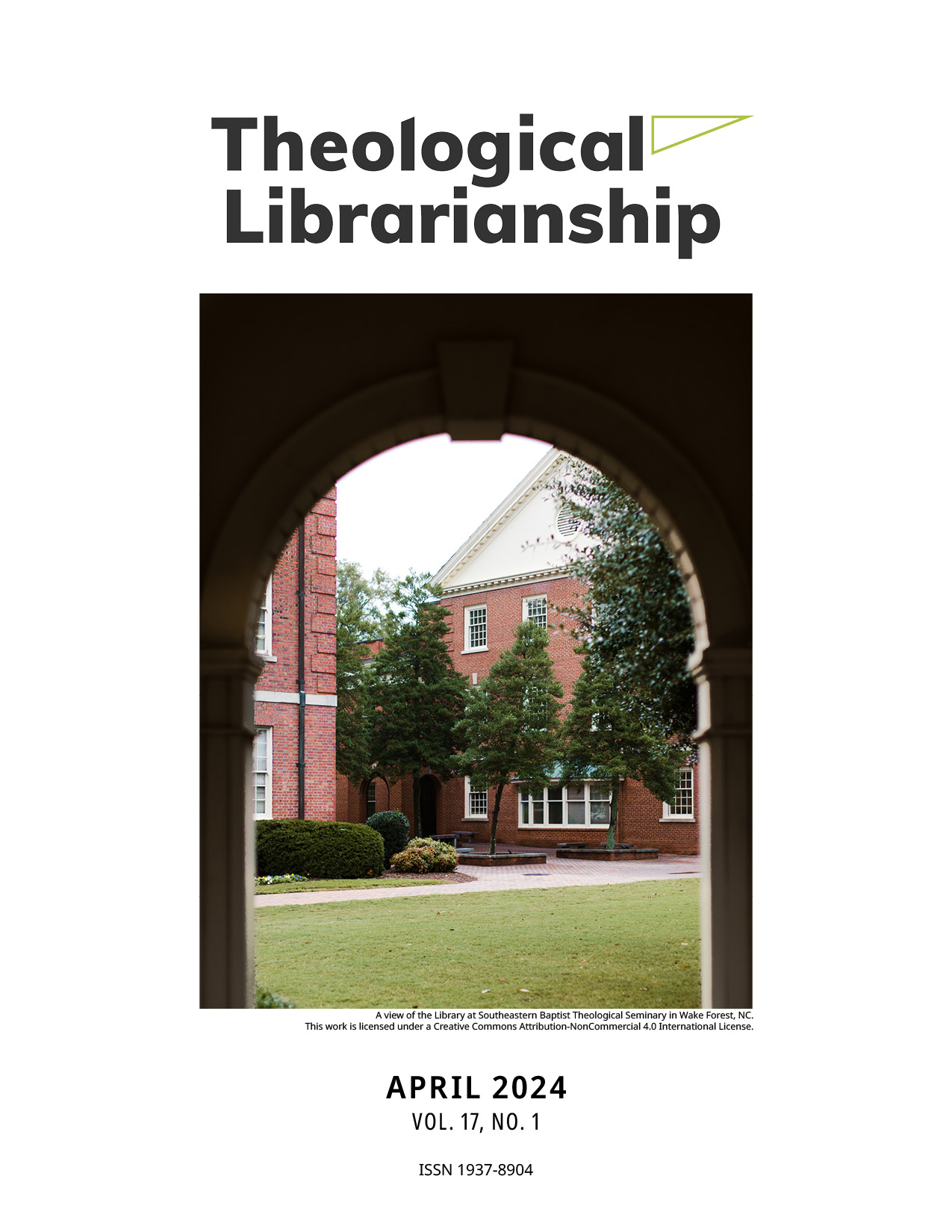 Theological Librarianship cover. Looking through a silhouetted archway to a grass covered courtyard with redbrick buildings around the ege.
