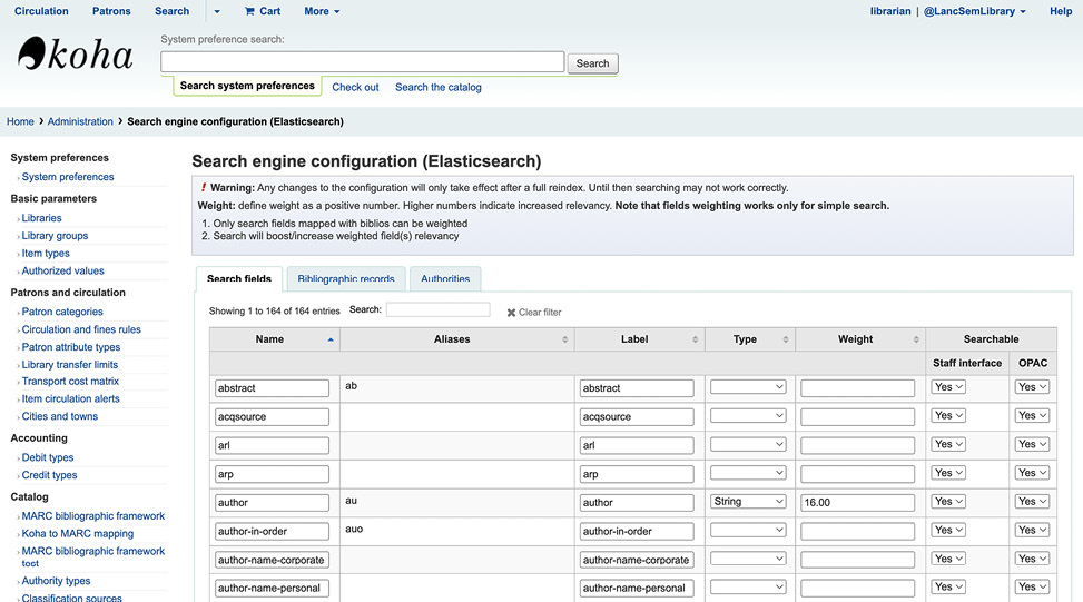 Screenshot of the Elasticsearch search engine configuration settings