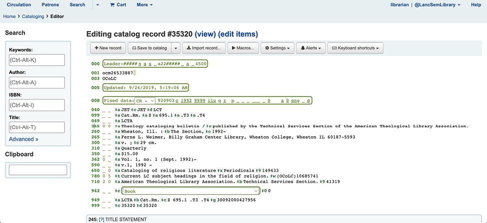 Screenshot of Koha’s advanced editor for cataloging