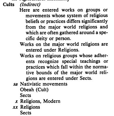 The entry for Cults, including scope notes and see also, see from, and see also from headings, in the 1980 edition of LCSH