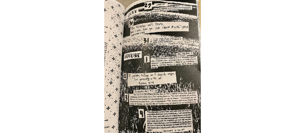 One page of Reconciled! zine showing a short Bible verse next to each day of the week from July 29 to August 4. Some texts are printed, others are handwritten.