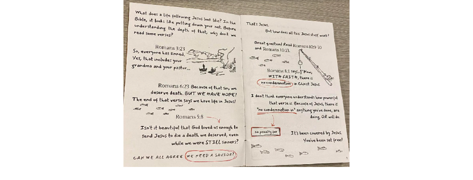 Two pages of Put Down Your Net zine about following Jesus with Bible verses, commentary and hand-drawn illustrations.