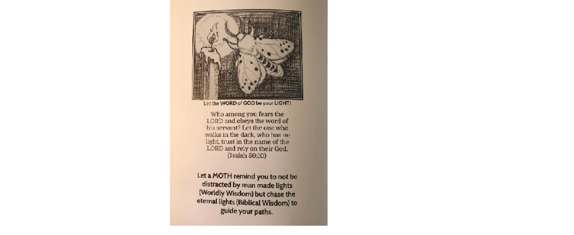 Page of The Listening Lamb Zine includes text of Isaiah 50:10 with a short reflection and illustration of a moth and lit candle.