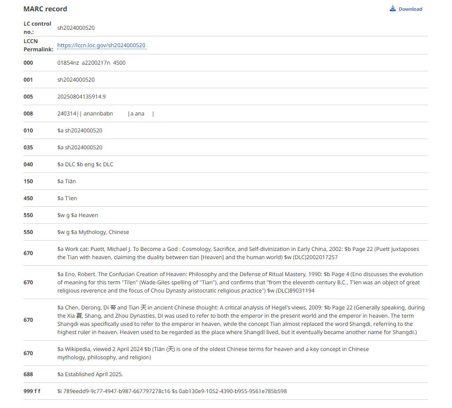 MARC record for Library of Congress subject heading “Tiān”