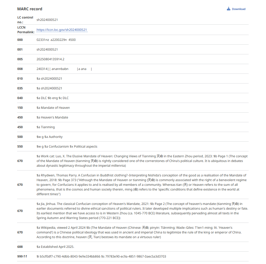MARC record for Library of Congress subject heading “Mandate of Heaven”
