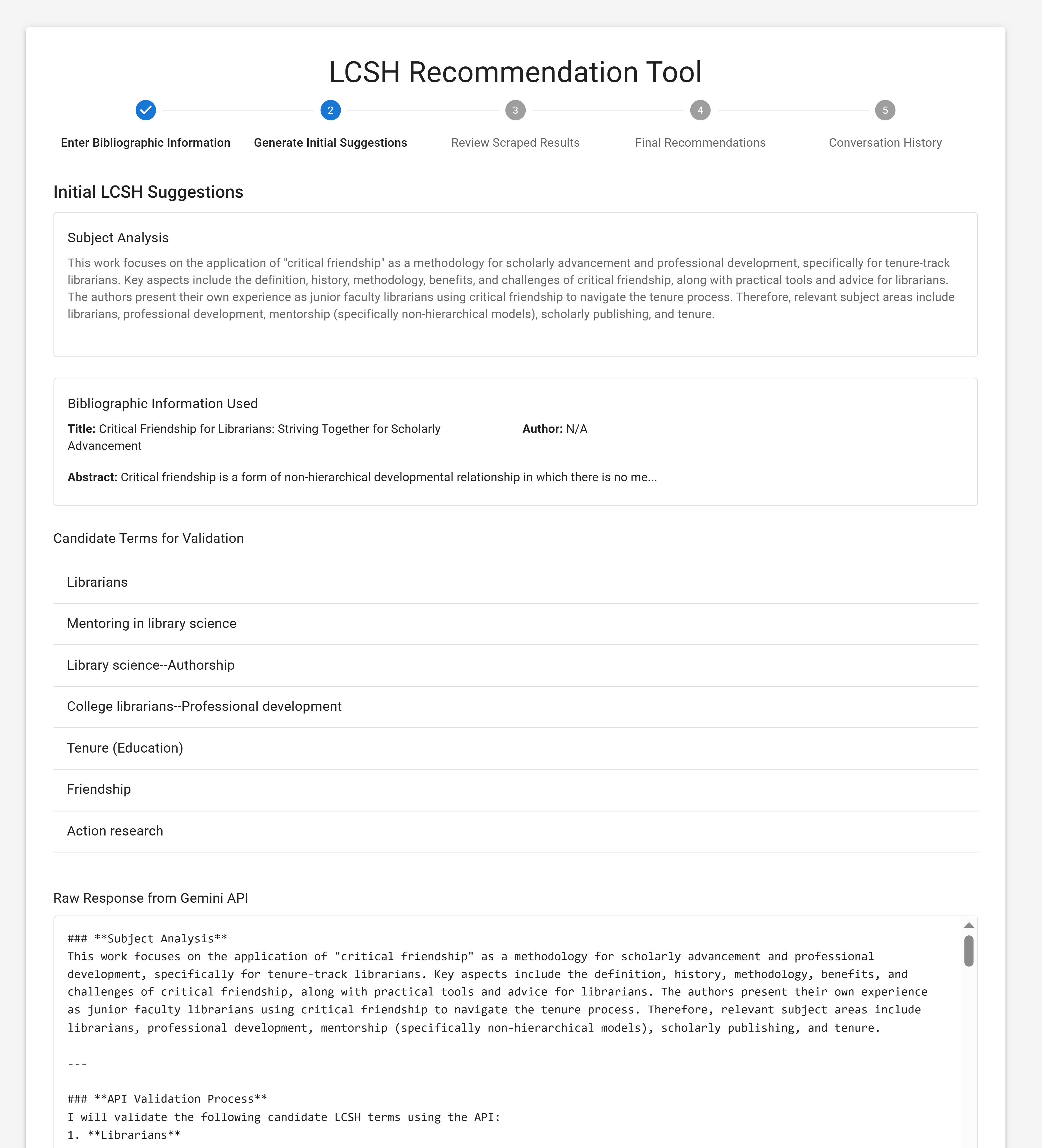Generate Initial Suggestions – Initial recommendations for subject terms to describe the item, including a narrative justification for the subject analysis and a list of “candidate terms for validation.” – image2.png