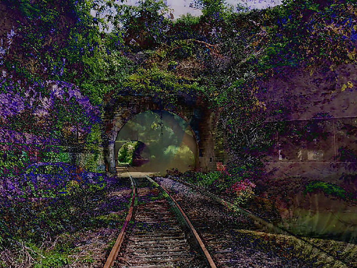 Stephen Thaler’s AI-generated image A Recent Entrance to Paradise depicts railroad tracks entering a tunnel surrounded by lush, flowery foliage.